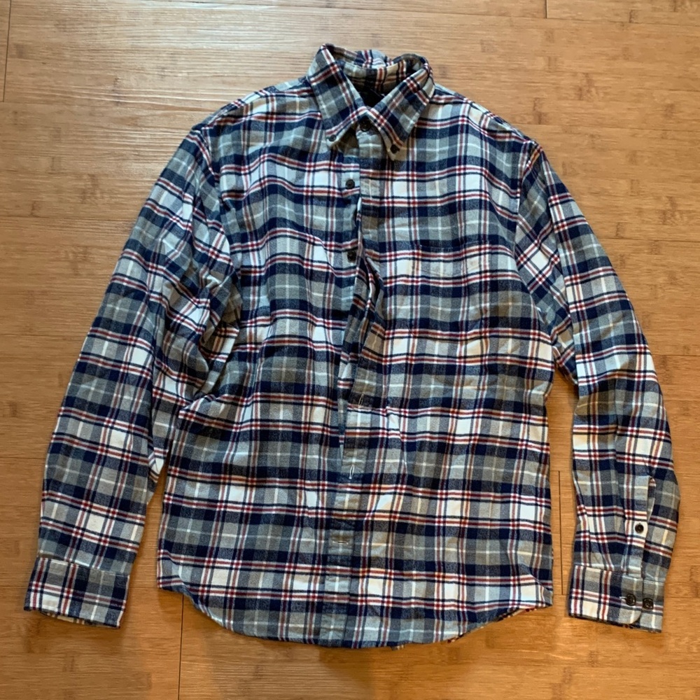 Lands' End Men's Navy and White Plaid Shirt
